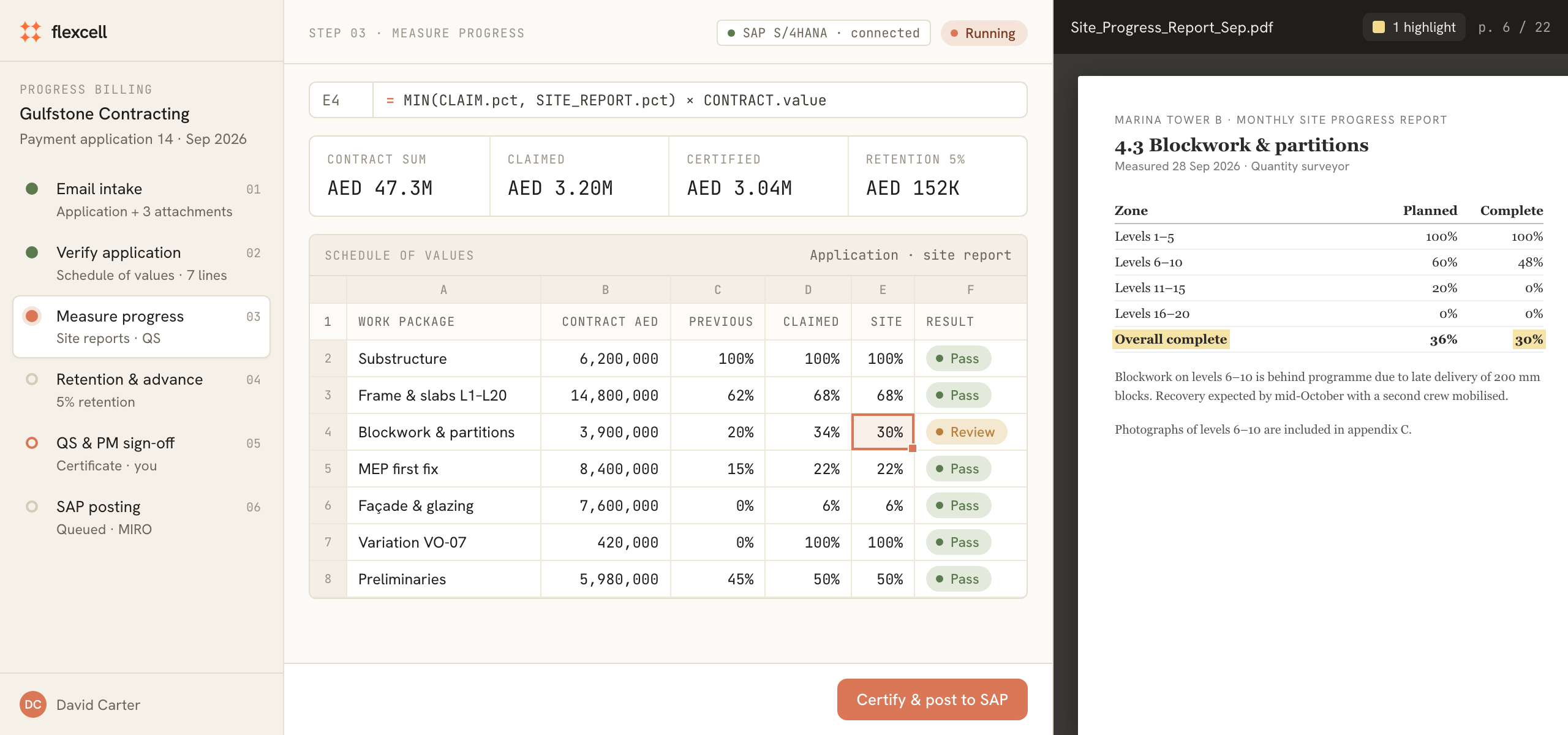 Flexcell progress billing: a schedule of values comparing claimed and site-measured progress, with the site report highlighted.